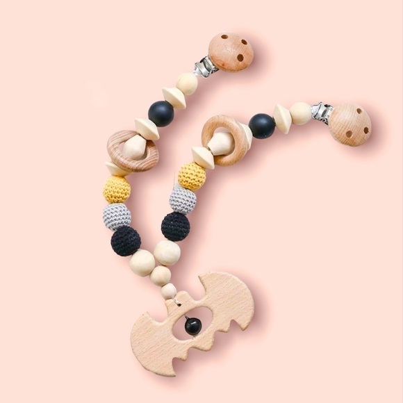 BAT WOODEN STROLLER CHAIN, RATTLE, AND PACIFIER CLIP - Picture 2 of 7